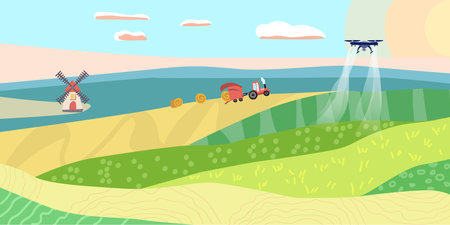 Smart agro concept. Background with meadows and fields. Hay harvest. Using a drone for microfertilizers. Modern watering plants.のイラスト素材