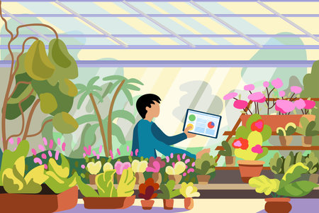 Smart agro concept. A man in a greenhouse with a tablet. Plants in pots. Greenhouse cultivation of vegetables and flowers.のイラスト素材