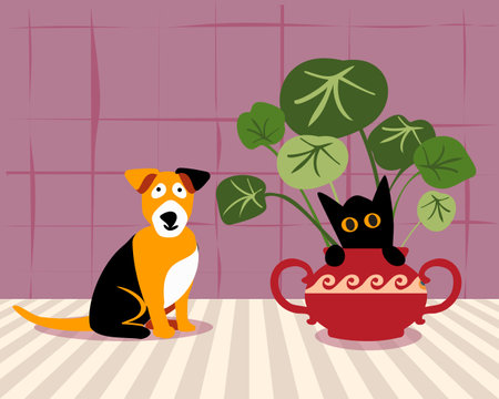 A cute dog and a playful cat, in a pot with a houseplant. Brown Jack Russell Terrier. Domestic animals play in the room. Friendly place for pets.のイラスト素材