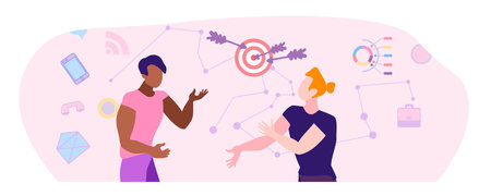 Active discussion of the presentation, meeting of colleagues. Work process of office employees. A management team of businessmen and business men is developing a creative project. Business people, characters, team work group. Modern flat vector illustration.のイラスト素材
