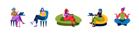 A set of women and girls sit on armchairs. Rest and comfortable work place. Collection of flat isolated characters. Colorful vector illustration.のイラスト素材