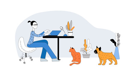 The girl works online at a laptop next to a French bulldog. Pet-friendly place for animal lovers. Pets are welcome. Well-behaved pet with his owner. Socializing with pets in public areas.のイラスト素材