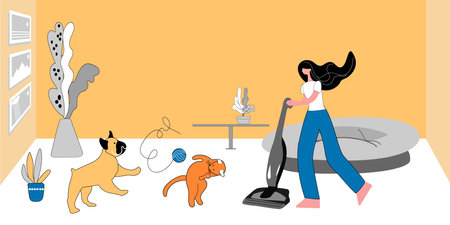 The woman is cleaning the room. A cat and a dog play with a ball of thread and interfere with vacuuming the floor. Vector illustration, pet friendly conceptのイラスト素材
