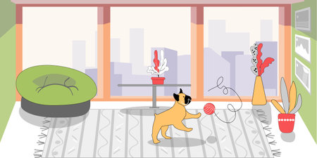 The dog is playing in the room. Scandinavian interior. Spacious bright room with windows and furniture. Vector illustration, pet friendly conceptのイラスト素材