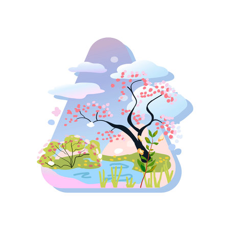 Seasons, nature in different periods. Vector illustration, sticker, concept of change of seasons. Spring. Banner.のイラスト素材