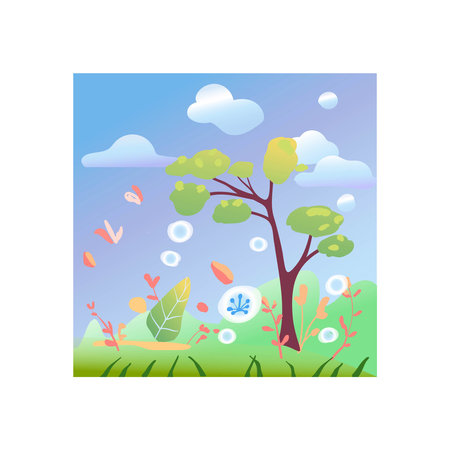 Seasons, nature in different periods. summer. Vector illustration, sticker, concept of change of seasons. Banner.のイラスト素材