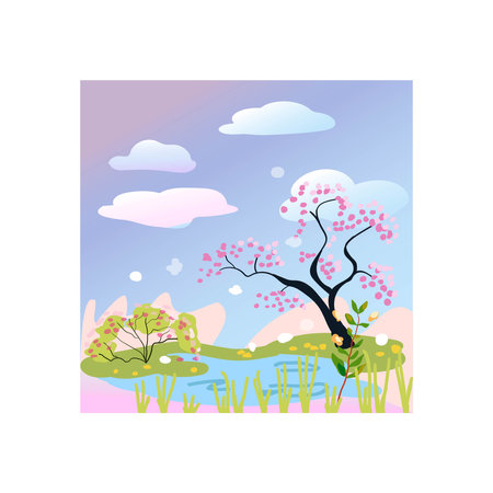 Seasons, nature in different periods. Vector illustration, sticker, concept of change of seasons. Spring. Banner.のイラスト素材
