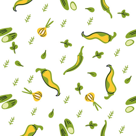 Seamless pattern hot peppers. Flat modern illustration for cafe menu, restaurants, banners, posters, fabric print. Asian spicy cuisine. Chilliのイラスト素材