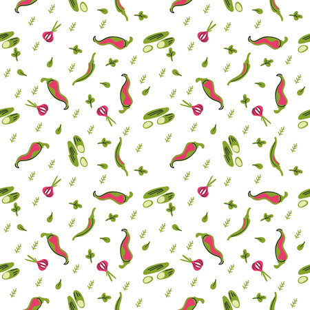 Seamless pattern hot peppers, onions. Flat modern illustration for cafe menu, restaurants, banners, posters, fabric print. Asian spicy cuisine. Chilliのイラスト素材