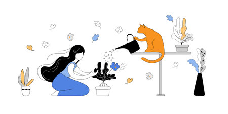 The girl is planting a houseplant in a pot. The cat are playing with plant. Happy pets with owners having great time. Modern vector illustration.のイラスト素材