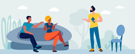 Hand drawn, Not AI, Emotional communication between people People talking in the park. A woman and men are talking. Emotional conversation. Vector illustrationのイラスト素材