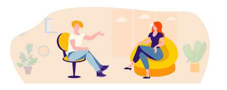 A girl is discussing with a guy in a room with a window. Friendly conversation. Interior, room, yellow. Vector illustration.のイラスト素材