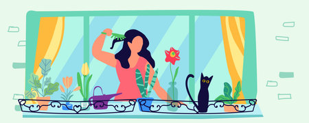 Girl in an open window. Self-care. Home flowers on the balcony. Hobby, cat. The concept of self-care, building a happy inner world and a prosperous lifestyle. Vector illustrationのイラスト素材