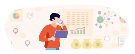 Man with a tablet, documents and a contract. The character plans and sets goals. Analyst, graphs and charts. Businessman, laptop, note. Calculation of income and expenses. Cartoon flat vector illustrationのイラスト素材