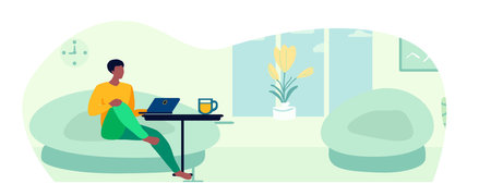 Man relaxing in a chair, lamps, laptop, vector illustration A man is resting in a chair. Interior, room, armchair, window, lighting, cup, tea, coffee. Vector illustrationのイラスト素材