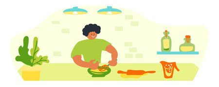 A man makes a pie. Preparing desserts and pastries. Kitchen, green interior. Traditional cuisine, potted plant, ingredients, utensils, spices, cooking, dishes, Asian, bowl, owner. Vector illustration.のイラスト素材