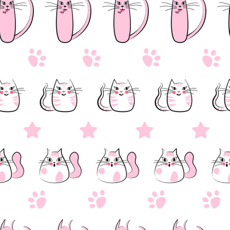 Seamless pattern pink cats. Cute childish drawing for print, wallpaper, fabric. Background for children's products, clothing, fabricのイラスト素材