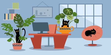 Office facilities and design isolated cartoon vector illustrations set. 24 hour smart office access, biophilic office space, pet-friendly modern workplace. Place for cats and dogs at workのイラスト素材
