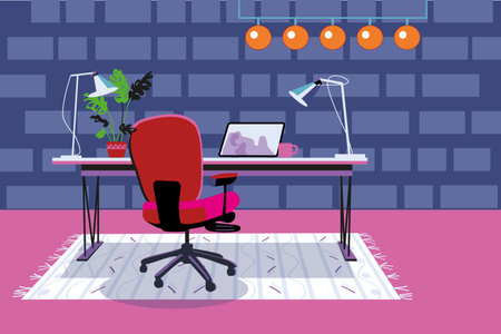 Office desk with laptop, lamp, coffee and indoor plant. Modern business workplace. Home workspace table.Vector illustration flat style Eps 10のイラスト素材