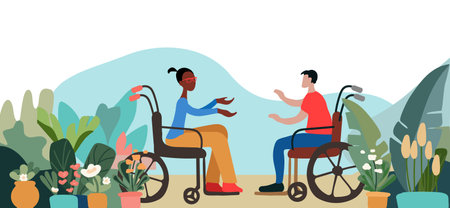 Meeting friends in wheelchairs. Love. People in wheelchairs. Inclusion in public life. A modern illustration of a prosperous societyのイラスト素材
