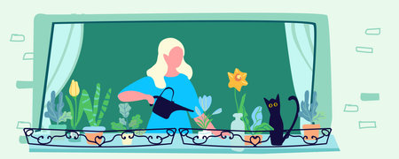Woman in an open window. Self-care. Home flowers on the balcony. Hobby, cat. The concept of self-care, building a happy inner world and a prosperous lifestyle. Vector illustrationのイラスト素材