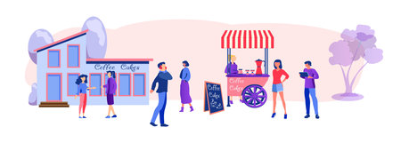 City, street, cafe, people. The queue for the street cart with coffee. Modern vector illustration. Minimalismのイラスト素材