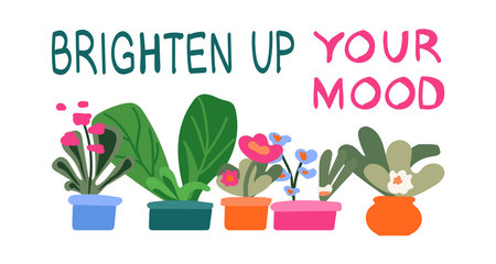 Brighten up your mood - hand drawn lettering in unique style with indoor flowers for a hobby. Home plants for interior. Illustration of Fun quote for poster made in flat style vector.のイラスト素材