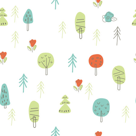 Hand drawn light pattern with trees. Seamless texturewith spring and summer trees, path. White...