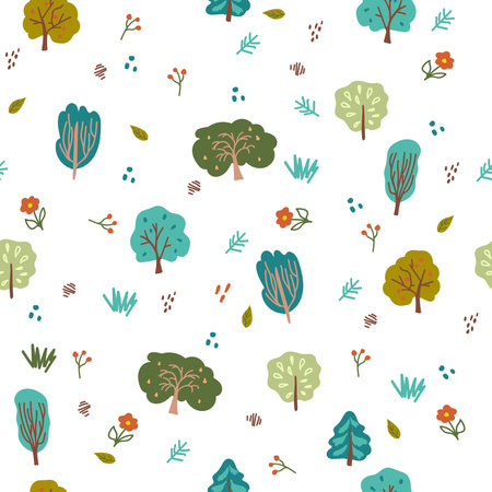 Cute and cozy seamless pattern with forest trees, flowers. Wild forest - repeating vector hand drawn design for textile, backdrop. Scandinavian style vector illustration. botanis setのイラスト素材