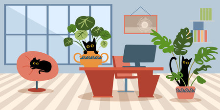 Office facilities with wooden floors and design isolated cartoon vector illustrations set. 24 hour smart office access, biophilic office space, pet-friendly modern workplace. Place for cats and dogs at workのイラスト素材