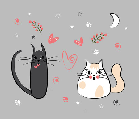 Childish drawing with cute cats, illustration with cats in love. Background with cats in love, hearts, cat paws, stars and flowers. Vector texture for kids bedding, fabric, wallpaper, wrapping paper, textile, t-shirt printのイラスト素材