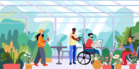 Cafe. People. Workplace of a disabled person in a wheelchair. Inclusion in public life. A modern illustration of a prosperous society. Greening the cityのイラスト素材
