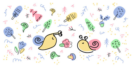 Collection of stickers, trees, mushrooms, snail, flower. Forest plants icons. Flat modern illustration for sticker printing, clothing, fabric, wallpaper. Hand drawn vector illustrationのイラスト素材