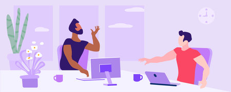 Men at the desk talking emotionally. Convenient workplace. Emotional conversation. Vector illustrationのイラスト素材