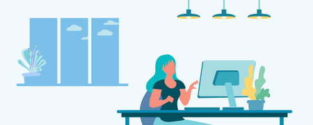 Woman at the computer. Remote study concept. Remote work for a freelancer, webinar. Interior, evening, lighting, lamps, indoor plants, window, clouds, evening. Cartoon flat vector illustration.のイラスト素材