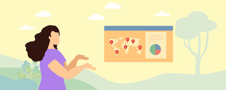 Girl on a background of nature.Map with flags, diagram. Landscape in a hot climate. Yellow background. Global warming concept. Vector illustrationのイラスト素材