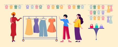 Interior of a clothing store. Clothes for girls and women. Counter, counters, shelves with bags. Saleswoman, boutique, trying on clothes, dress, T-shirt, showcase. Flat vector illustration.のイラスト素材