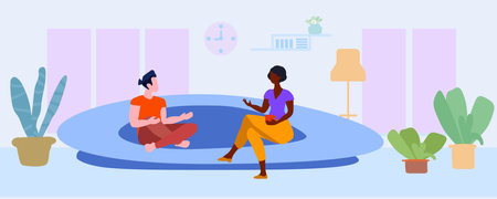 A married couple is sitting on the sofa and talking at living room. Joyful man and woman relaxing spending time together at home. Young family enjoy weekend. Cartoon modern flat vector illustrationのイラスト素材