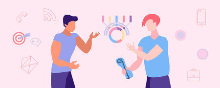 Discussion of work. Businessmen, partners. Graph, diagram, calculations, analytics, marketing. Cartoon flat vector illustration.のイラスト素材