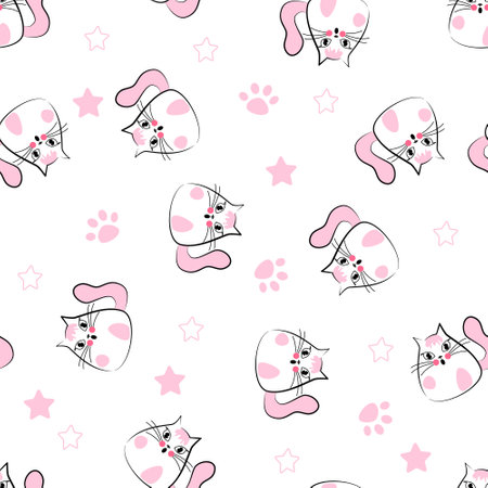 Seamless pattern white-pink cats. Cute childish drawing for print, wallpaper, fabric. Background for children's products, clothing, fabricのイラスト素材