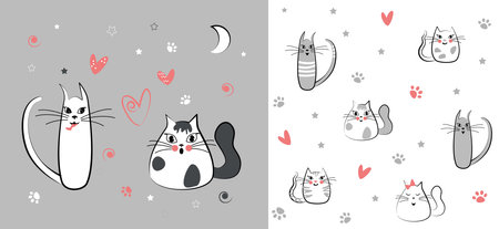 Childish pattern with cats in love, kids drawing. Animal seamless background, sweet vector texture for kids bedding, wallpaper, fabric, wrapping paper, textile, t-shirt printのイラスト素材