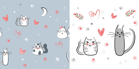 Childish pattern with cats in love, kids drawing. Animal seamless background, sweet vector texture for kids bedding, wallpaper, fabric, wrapping paper, textile, t-shirt printのイラスト素材