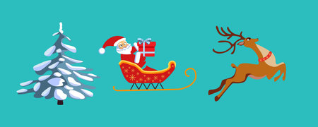 Christmas set. Christmas characters Santa Claus on a sleigh with a deer and a Christmas tree. Vector illustrationのイラスト素材