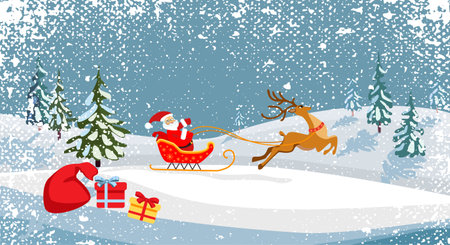 Santa Claus on a sleigh with a deer, Christmas card, winter evening, sunset, snowy field, Christmas trees, snowfall, texture, flat vector illustration. hand drawing,のイラスト素材