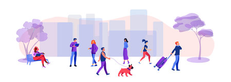Lifestyle of modern people in a colorful eco-city. Diversity. The concept of a modern comfortable public space. Colorful city park. Vector illustrationのイラスト素材