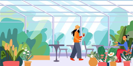Cafe. People. Workplace of a disabled person in a wheelchair. Inclusion in public life. A modern illustration of a prosperous society. Greening the cityのイラスト素材