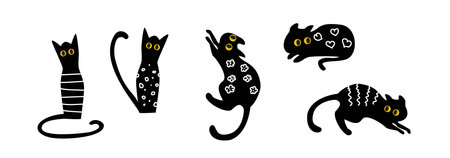 Set cartoon black cat in a pot with houseplants. Funny pets vector scene. A cheerful cat hides behind a flower pot, hooligans, jumps on plants.のイラスト素材