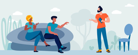 People in bright clothes on a gray natural background. Discussion of problems of conservation of natural resources. Vector illustrationのイラスト素材