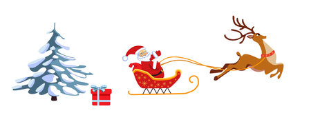 Set of vector Christmas stickers Christmas tree Santa Claus, deer, gift. Santa Claus waves his hands on a sleigh with a deer and a Christmas tree in the snow. Vector illustrationのイラスト素材