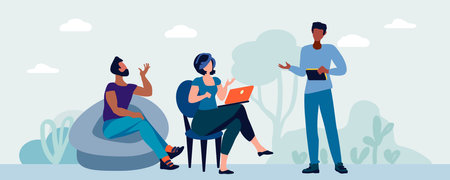The family meets in the park. A woman and men are talking. Emotional conversation. Vector illustrationのイラスト素材